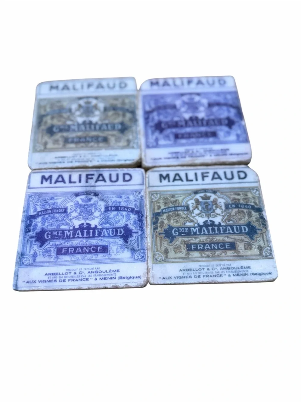 Vintage Malifaud Ceramic Coasters in White, Blue, Gold Tones